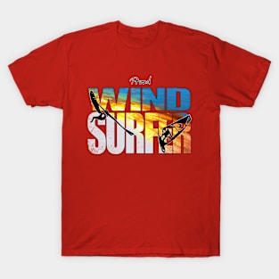 Proud Windsurfer Jumping Sunset Colors over Ocean Waves T-Shirt